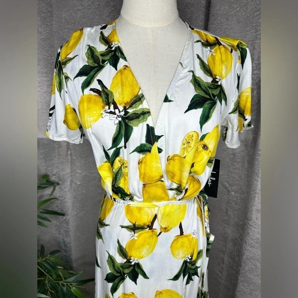 NWT Lulus A La Tart White and Yellow Lemon Print Wrap Dress Sz S - Picture 4 of 12